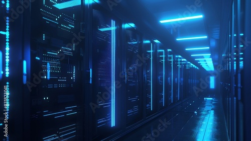 Futuristic data hub aglow with azure luminescence