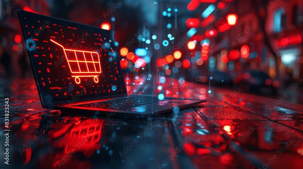 E-commerce website on laptop (close up, focus on, copy space) Modern and sleek tones Double exposure silhouette with shopping cart icon ,