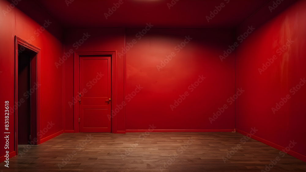 The floor and walls of the room are red as the background. The floor and walls of the room are red as the background.