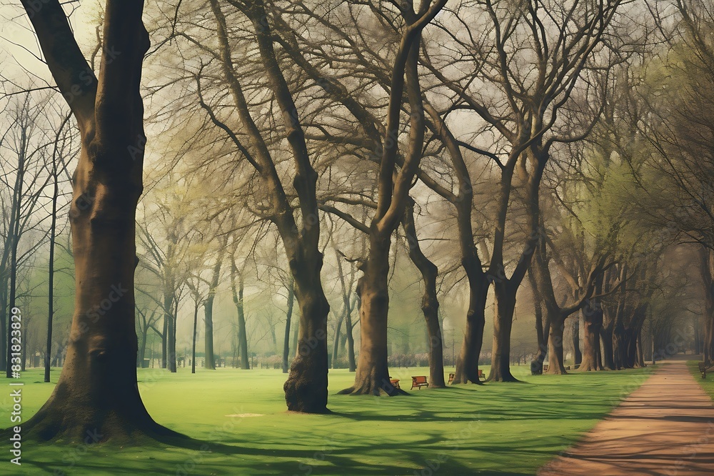 Fototapeta premium Autumn forest with fog and sunbeams. 3d rendering