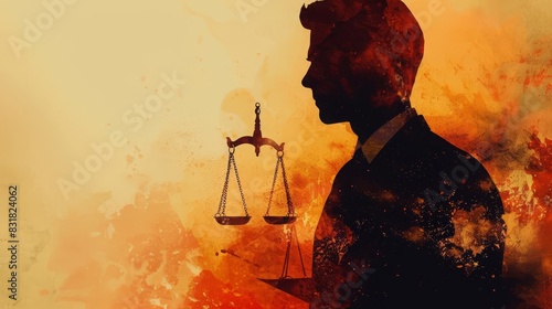 Lawyer reviewing legal documents (close up, focus on, copy space) Professional and precise colors Double exposure silhouette with scales of justice , photo