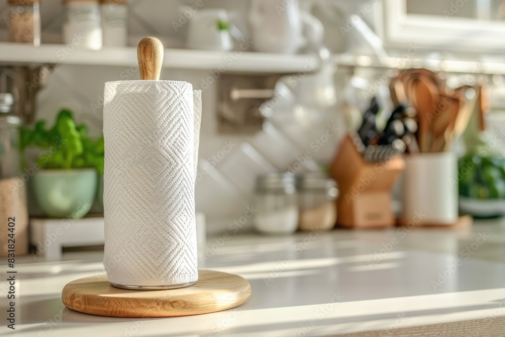 Naklejka premium Paper towels on a holder on a wooden table in a homey kitchen