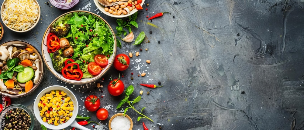 Healthy salad ingredients with fresh vegetables, grains, and herbs on dark background. Top view with copy space for a nutritious meal concept. Healthy salad ingredients with fresh vegetables, grains, and herbs on dark background. Top view with copy space for a nutritious meal concept.