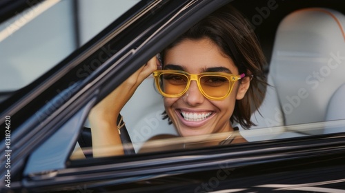 A woman is smiling and wearing yellow sunglasses while sitting in a car. Concept of happiness and leisure, as the woman is enjoying her time in the car. The yellow sunglasses add a pop of color © Дмитрий Симаков
