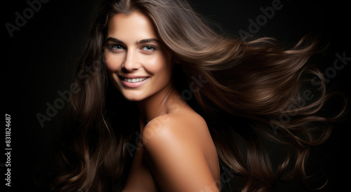 A beautiful woman with long hair smiling and looking at the camera