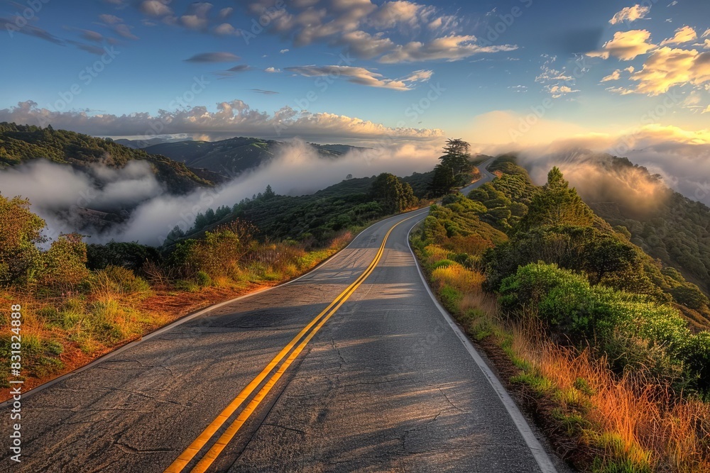 Winding mountain road with stunning sunset view and clouds rolling over the hills, perfect for scenic travel and adventure enthusiasts.