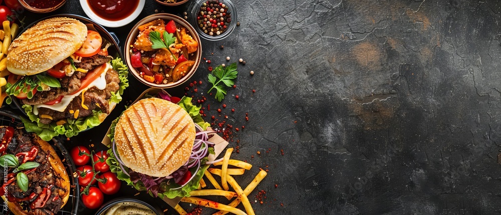 Top view of a delicious spread of grilled burgers, fries, salad, and various sauces on a rustic background perfect for fast food themes. Top view of a delicious spread of grilled burgers, fries, salad, and various sauces on a rustic background perfect for fast food themes.