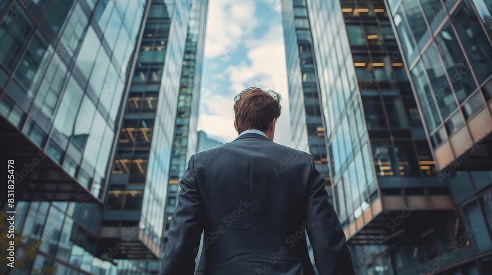 Businessman squares off with towering skyscrapers, poised for challenges Businessman squares off with towering skyscrapers, poised for challenges