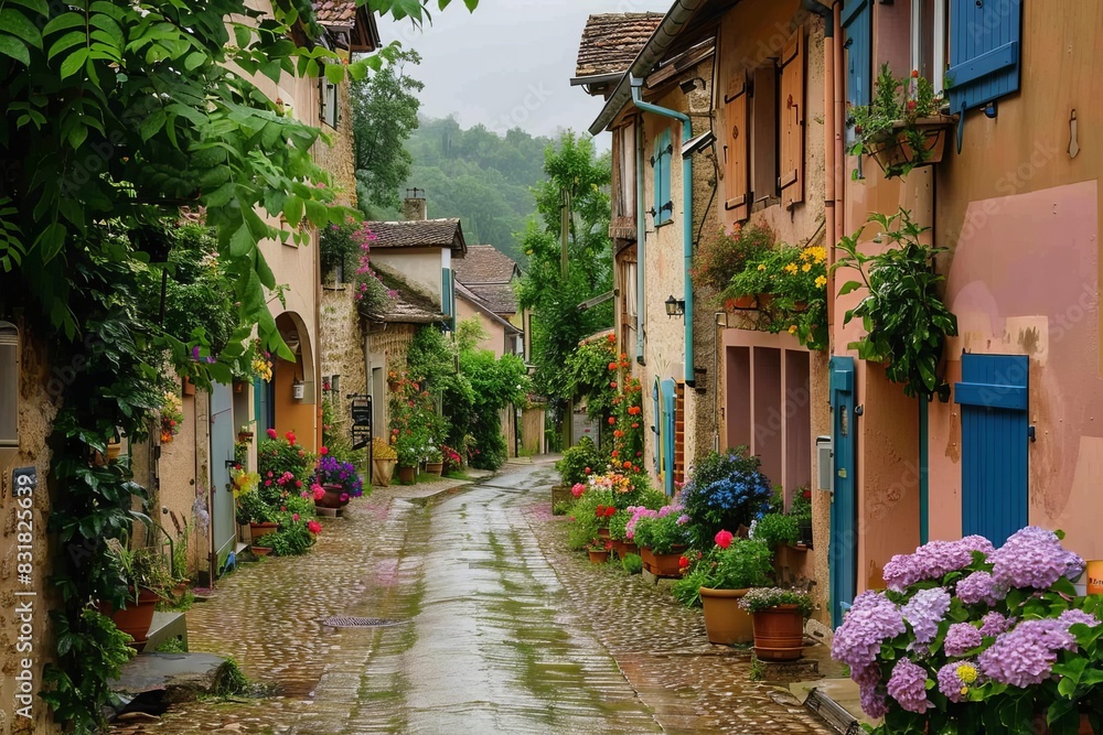 Fototapeta premium Charming cobblestone street with colorful houses and lush greenery, showcasing a picturesque and serene village atmosphere.