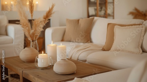 Modern beige living room interior with white sofa, wooden table with candles and candle decorations