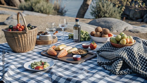 Cata de vinos en la naturaleza con mesa de madera en un rincón sereno photo