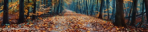 Misty autumn forest path with fallen leaves and blue haze