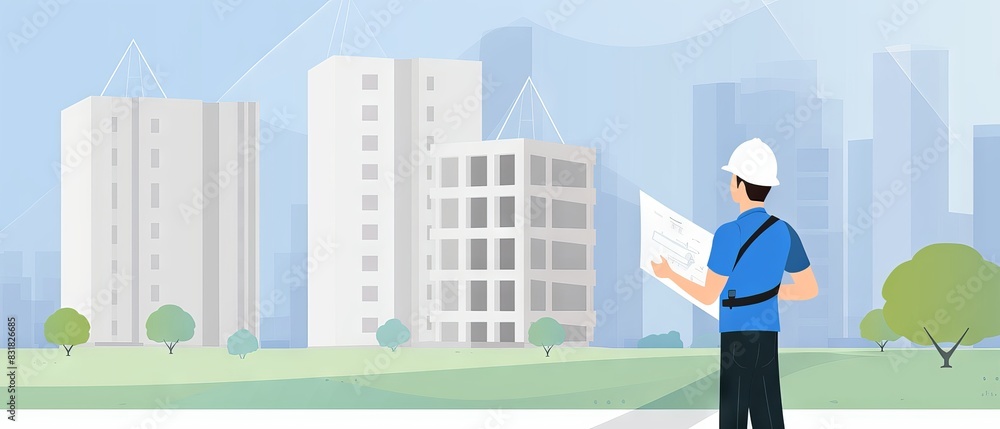 Engineer examining construction blueprints in front of modern city buildings. Urban development and planning concept. Engineer examining construction blueprints in front of modern city buildings. Urban development and planning concept.