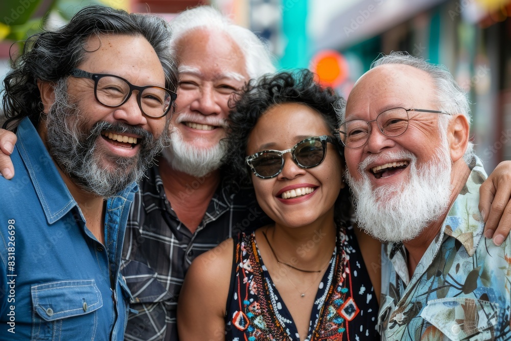 Group of asian senior friends standing together in the street and smiling Group of asian senior friends standing together in the street and smiling