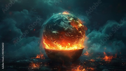 A burning planet Earth in a pot, representing the urgent need for climate action, Surreal, Dark tones, Digital Illustration
