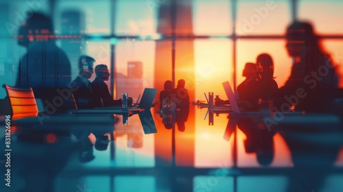 A sunset meeting frames the skyline in corporate collaboration photo