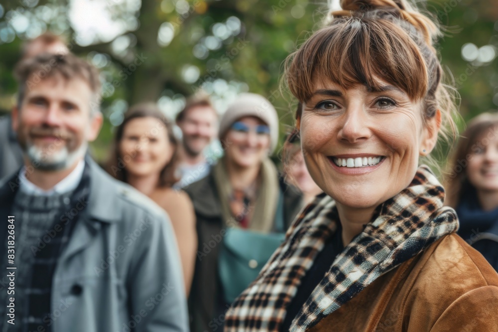 Portrait of smiling middle aged woman with group of friends in background Portrait of smiling middle aged woman with group of friends in background