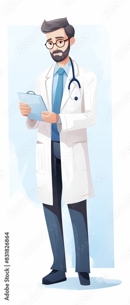 Illustrated doctor standing with clipboard wearing white coat and stethoscope, conveying professionalism and healthcare expertise. Illustrated doctor standing with clipboard wearing white coat and stethoscope, conveying professionalism and healthcare expertise.