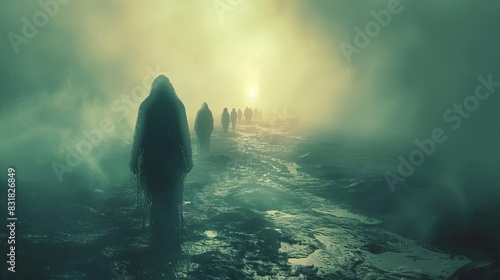 A group of people in a foggy landscape, one person breaking away towards a bright light, symbolizing hope and determination, Futuristic, Cool tones, 3D Render photo