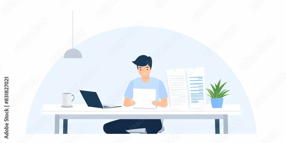 Illustration of a man working at a desk with documents, laptop, and coffee against a gradient background, representing productivity and focus. Illustration of a man working at a desk with documents, laptop, and coffee against a gradient background, representing productivity and focus.