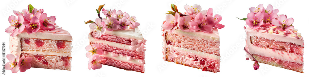 Cherry Blossom Festival Cake With Pink And White Frosting And Edible Cherry Blossoms For The Japanese Festival isolated on transparent png background collection set . Generative ai Cherry Blossom Festival Cake With Pink And White Frosting And Edible Cherry Blossoms For The Japanese Festival isolated on transparent png background collection set . Generative ai