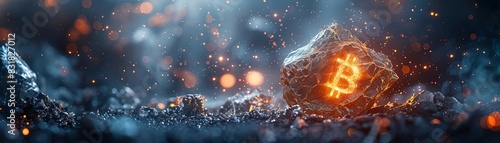 A miner striking a rock to reveal a glowing Bitcoin inside, symbolizing the modern quest for cryptocurrency, Conceptual, Warm and cool contrasts, Digital Illustration photo