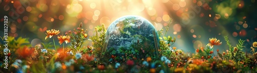 A happy Earth being tended to by tiny people with ladders and plants, indicating the importance of caring for our planet, Fun, Soft tones, Digital Illustration