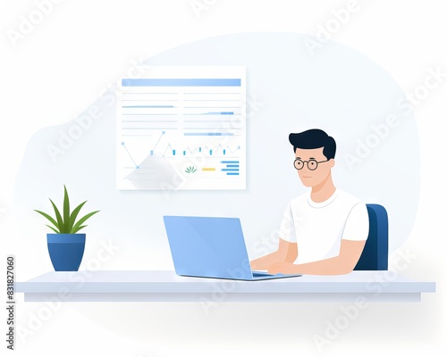 Illustration of a man working on a laptop at a desk with a plant and a chart, representing a modern office workspace and productivity.