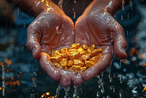 A miner's hands panning in water for gold nuggets, representing the labor-intensive process of gold extraction, Classic, High contrast, Digital