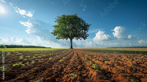 A single tree dividing a fertile green field and dry cracked earth, representing climate change impact, Realistic, High contrast, Photography