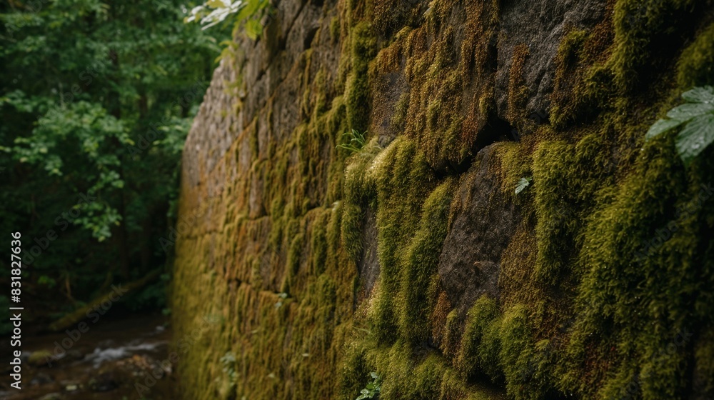 A mossy wall in an old forest, the texture thick and wet, showing the age and permanence of nature, ideal for adventure travel themes.