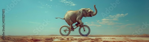 Elephant balancing on a unicycle, clear sky background, surreal and whimsical, high detail photo