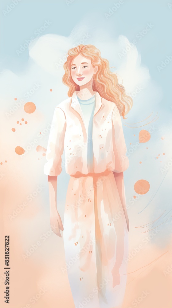 Watercolor illustration of a smiling woman in pastel colors, wearing a white outfit, with a dreamy background of clouds and orange dots.