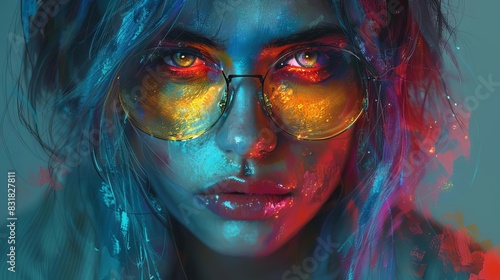 Female experiencing discomfort and holding glasses, symbolizing vision problems or fatigue, Natural, Bright tones, Digital Art photo