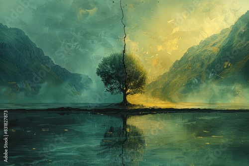 Half green, half barren landscape with a solitary tree in the middle, illustrating the effects of global warming, Concept Art, Gradient lighting, Digital Painting photo