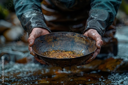 Hands using a pan to search for gold in a river, illustrating the timeless quest for precious metals, Rustic, Earthy tones, Photography