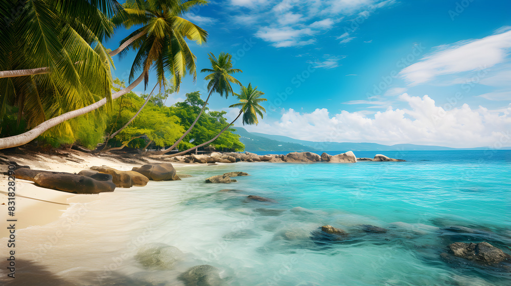 A tropical beach with palm trees and waterIsland Getaway: Scenic Tropical Beach with Lush Palms and Sparkling Waters A tropical beach with palm trees and waterIsland Getaway: Scenic Tropical Beach with Lush Palms and Sparkling Waters