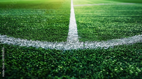 Close-up of a perfectly maintained football field corner showing the lush green grass and white lines marking the playing area. photo