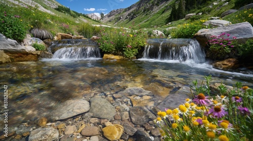 A mountain stream with crystal clear water flowing over smooth pebbles and small waterfalls  surrounded by wildflowers and greenery.