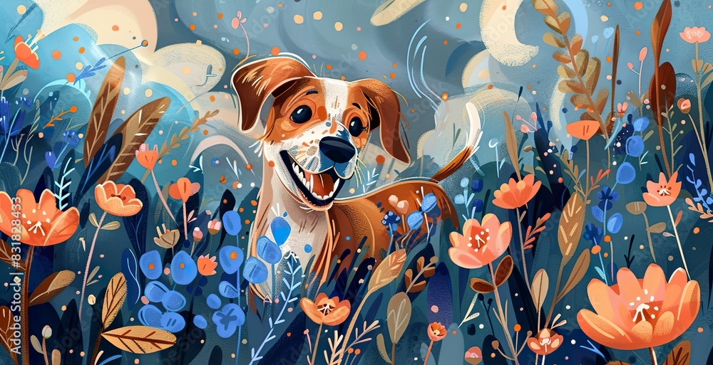 Dog running joyfully through a blooming meadow, freedom and happiness ...