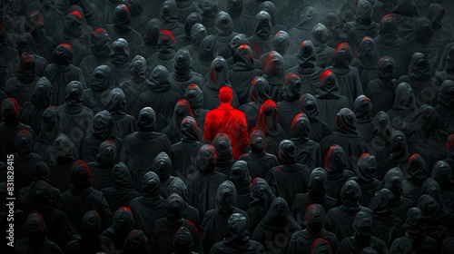 Single red person in a sea of black silhouettes, representing uniqueness and visibility, Conceptual, Bold colors, Digital