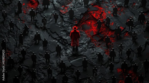 Single red person in a sea of black silhouettes, representing uniqueness and visibility, Conceptual, Bold colors, Digital Illustration photo