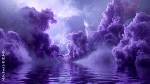 A mysterious and enchanting scene of purple smoke expanding through water, resembling a magical cloud in a fantasy setting. photo