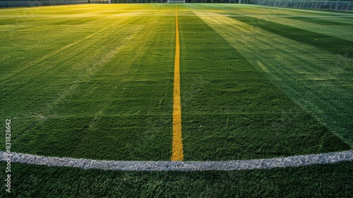 An empty green soccer field with fresh grass, white boundary lines, and a vibrant yellow center line under the evening sun.