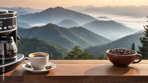 cup of coffee sits on a wooden table. Mountain view background from warm light