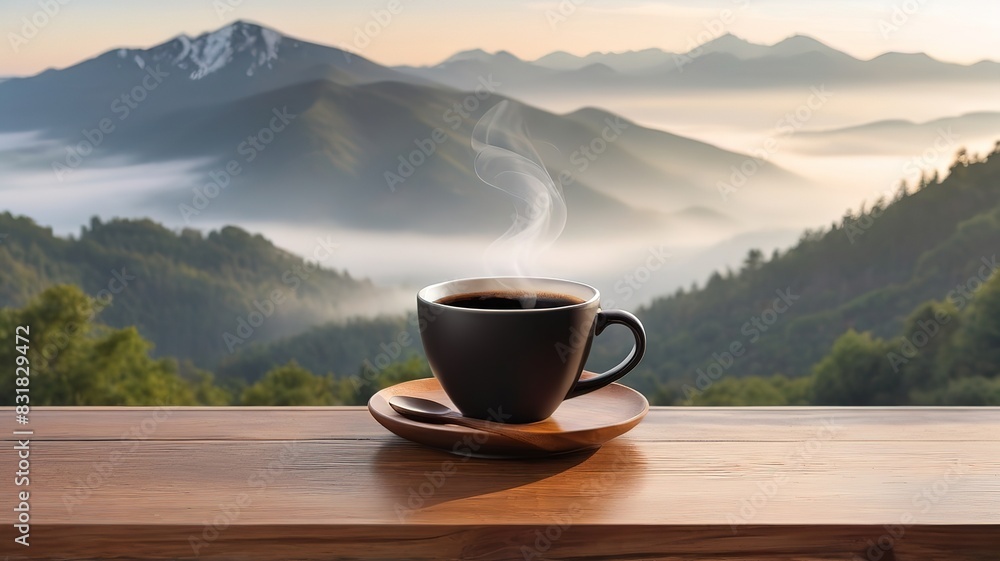 A cup of coffee sits on a wooden table copy scape. Mountain view background from warm light A cup of coffee sits on a wooden table copy scape. Mountain view background from warm light