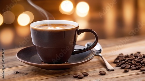 A cup of coffee sits coffee beans on a wooden table Bokeh background from warm light