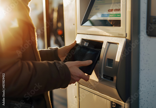 "Man Using ATM Machine for Automatic Savings, Holding Black Wallet