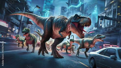Dinosaurs roam the cyber city.