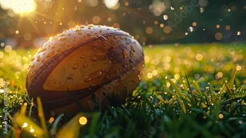 Closeup of a rugby ball on a grassy field